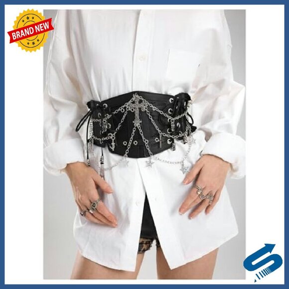 Faux Leather Corset Belt with Chain Cross Lace Up Elastic Waist